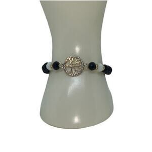 Black & White Beaded Gold-Tone Tree of Life Pendant Rhinestone Stretch Bracelet